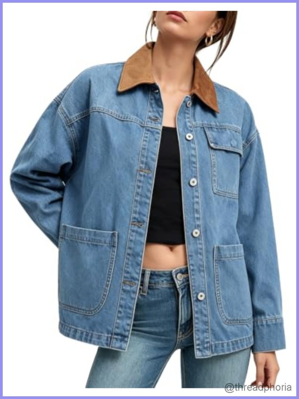Oversized Denim Jacket Button Up Faux Suede Collar Barn Coat